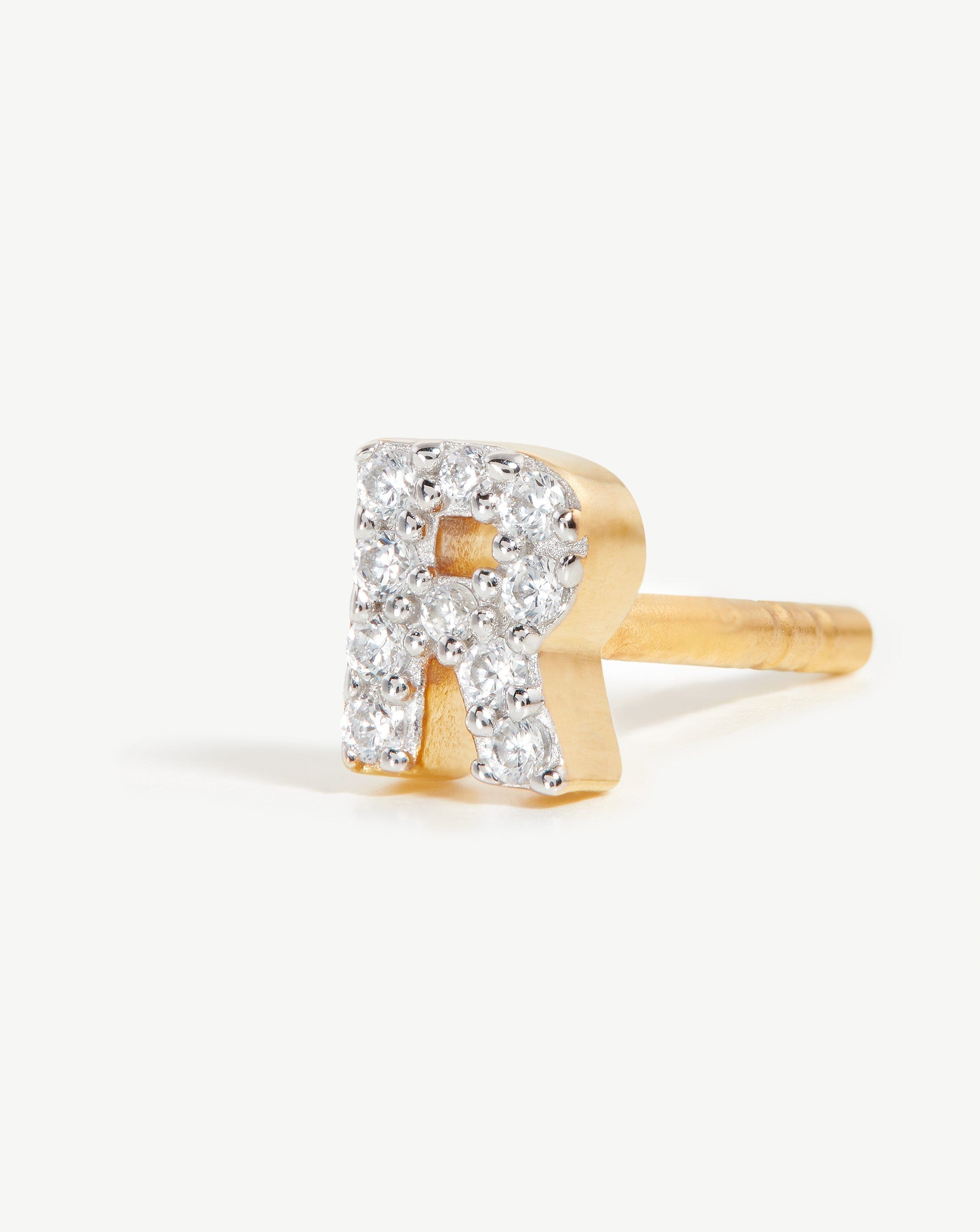 Pave Initial Single Stud Earring - Initial R | 18ct Gold Vermeil/Cubic Zirconia